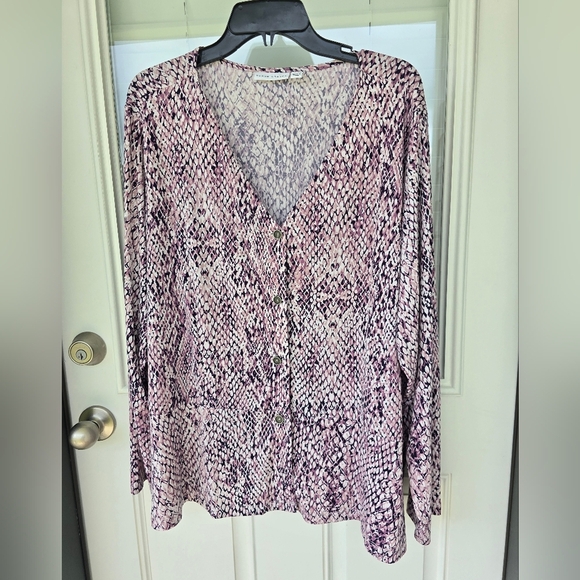 Susan Graver Women Printed Liquid Knit Button Front Peplum Top Plum 3X Plus Size - Picture 2 of 12